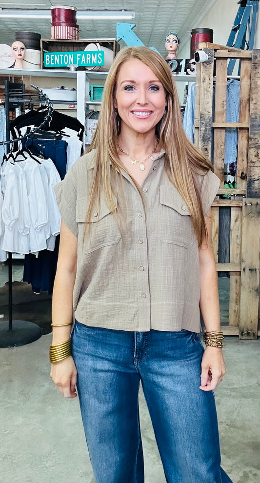 Brown Sleeveless Button Down Top