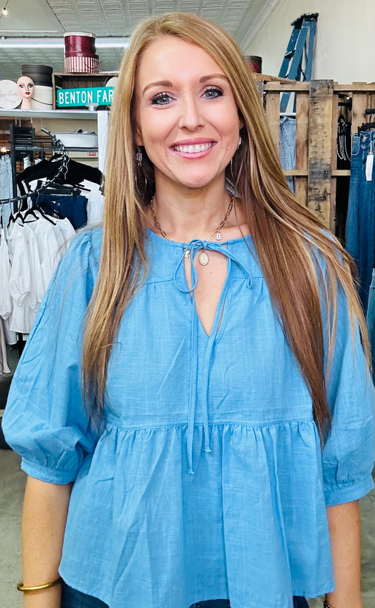 Blue Blouse with Front Tie