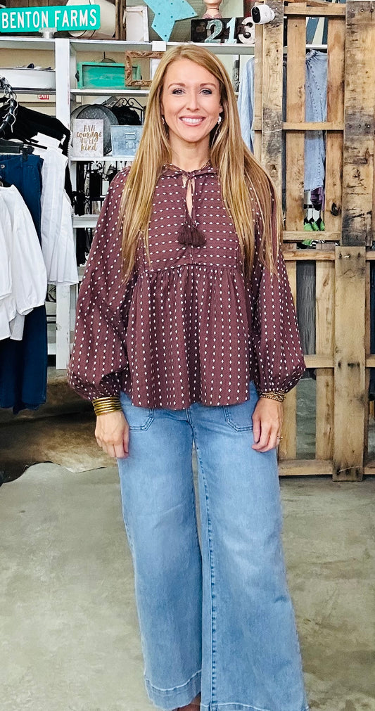 Brownie Tie Front Pattern Long Sleeve Top